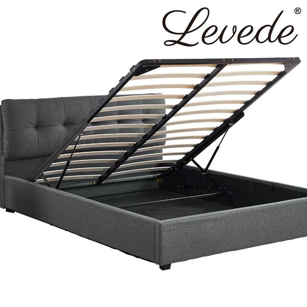 Levede Bed Frame Queen Size Gas Lift Base Storage Wooden Platform Linen Cotton Deals499