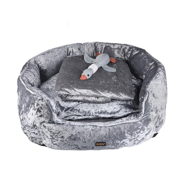 PaWz Pet Bed Set Dog Cat Quilted Blanket Squeaky Toy Calming Warm Soft Nest Grey M Deals499