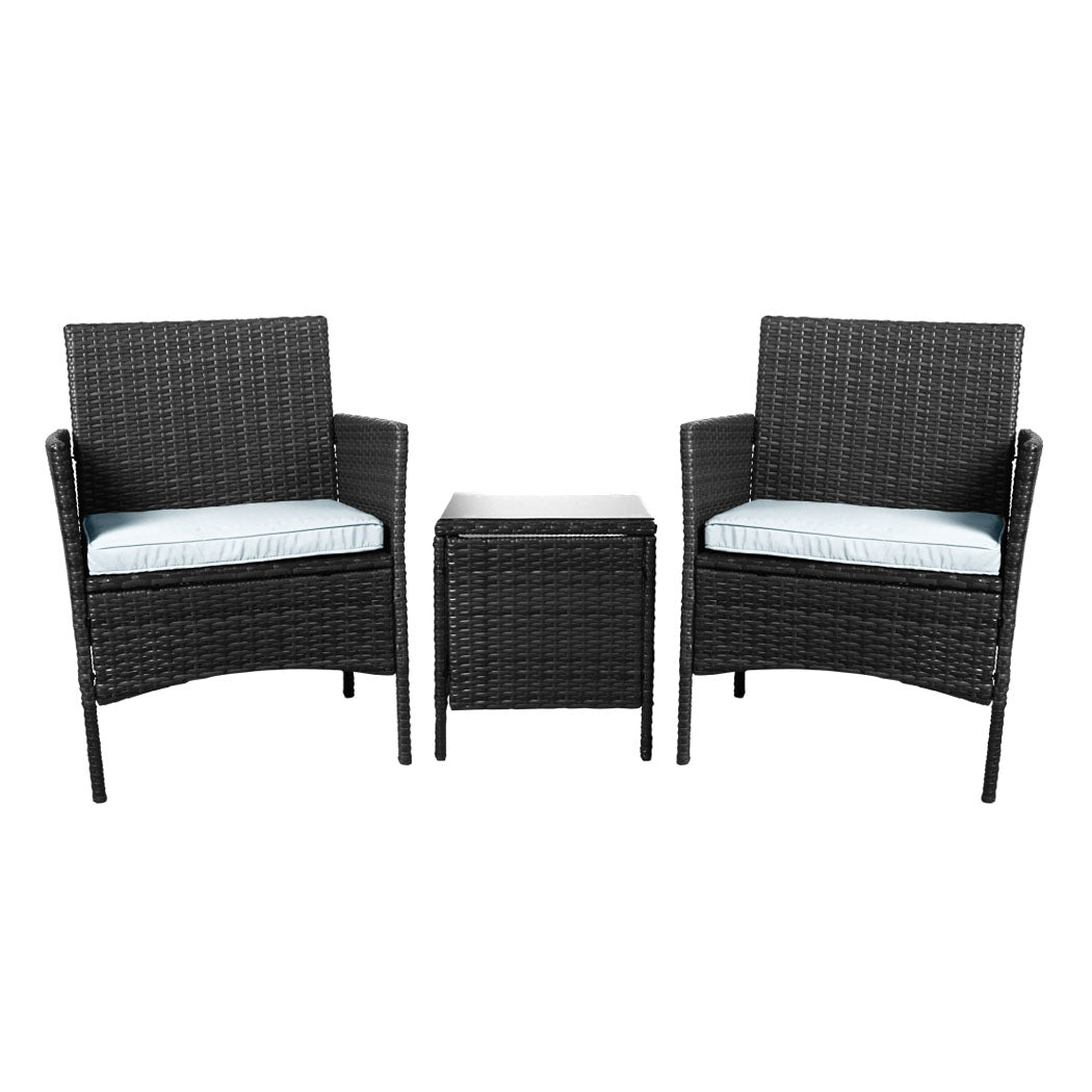 Outdoor Furniture Set Patio Garden 3 Pcs Chair Table Rattan Wicker Cushion Seat Black Deals499