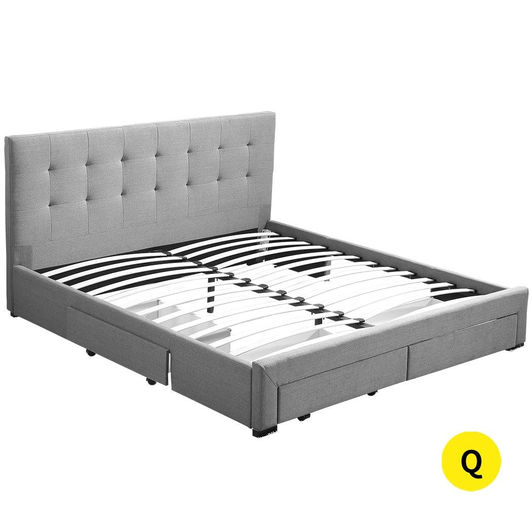 Levede Bed Frame Queen Fabric With Drawers Storage Wooden Mattress Grey Deals499