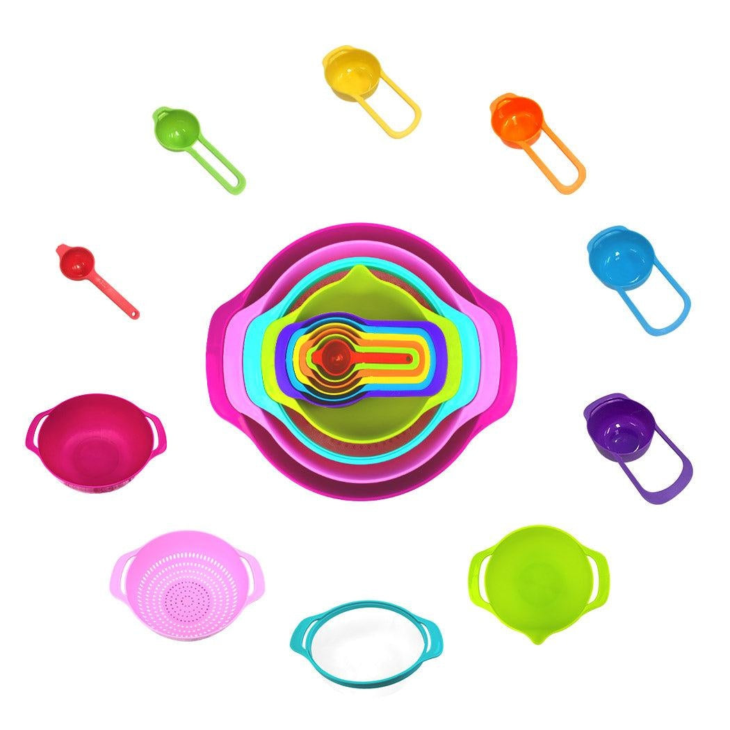 10 Pcs Nesting Rainbow Measuring Cups Mixing Bowls with Handles Sieve Spoon Deals499