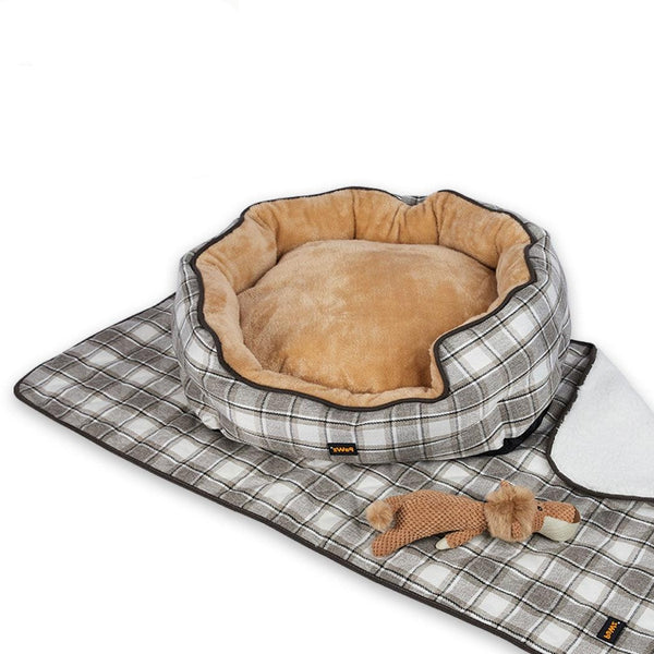 PaWz Pet Bed Set Dog Cat Quilted Blanket Squeaky Toy Calming Warm Soft Nest Checkered XL Deals499