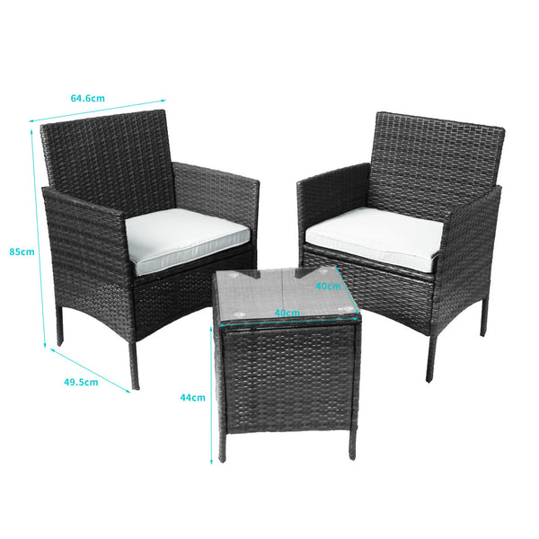 Outdoor Furniture Set Patio Garden 3 Pcs Chair Table Rattan Wicker Cushion Seat Black Deals499