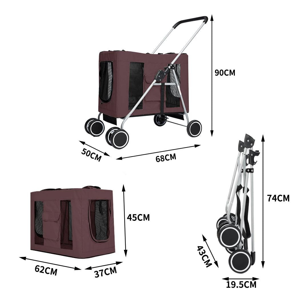 Pet Stroller Dog Cat Puppy Pram Travel Carrier 4 Wheels Pushchair Foldable Brown Deals499