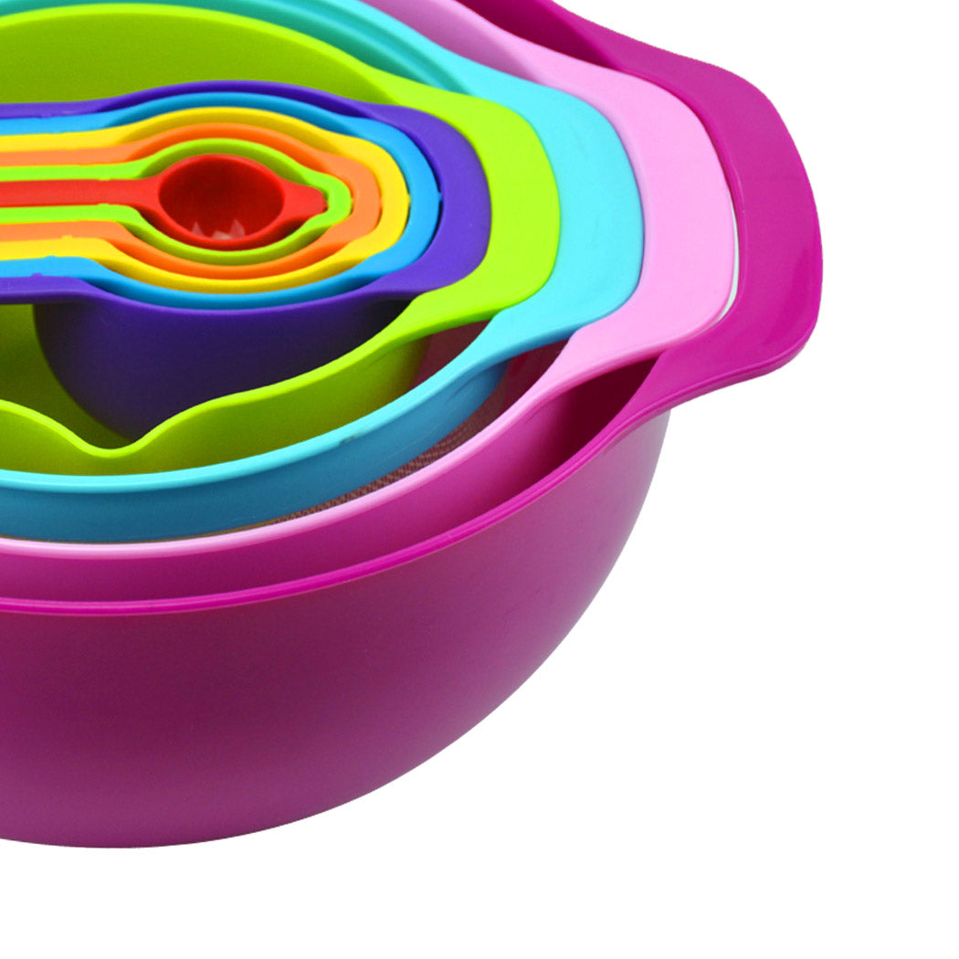 10 Pcs Nesting Rainbow Measuring Cups Mixing Bowls with Handles Sieve Spoon Deals499