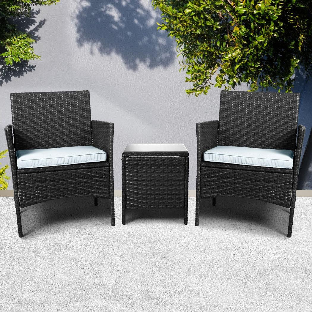 Outdoor Furniture Set Patio Garden 3 Pcs Chair Table Rattan Wicker Cushion Seat Black Deals499