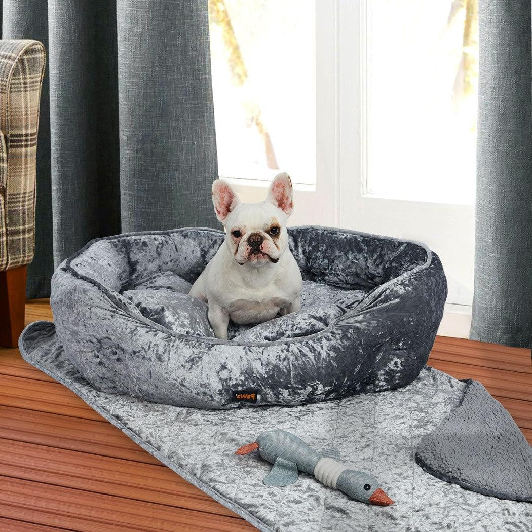 PaWz Pet Bed Set Dog Cat Quilted Blanket Squeaky Toy Calming Warm Soft Nest Grey XL Deals499