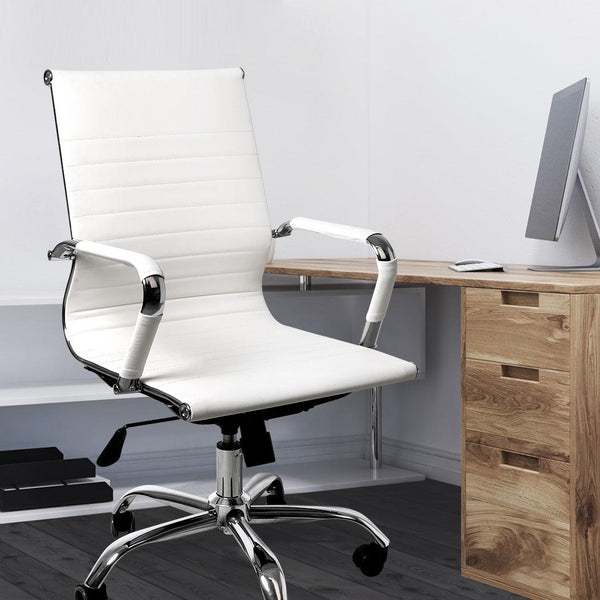 Office Chair Home Work Study Gaming Chairs PU Mat Seat Mid-Back Computer White Deals499