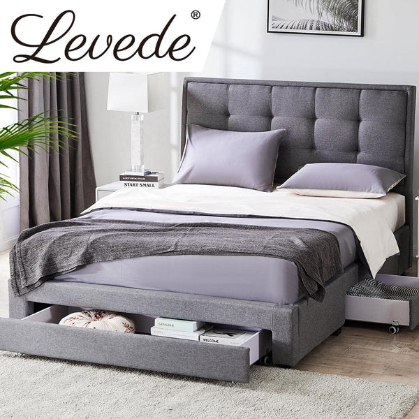 Levede Storage Bed Frame Queen Size Base with Three Drawers Linen Cotton Grey Deals499