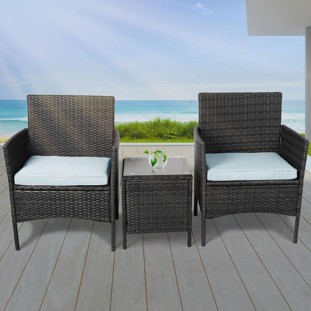 Outdoor Furniture Set Patio Garden 3 Pcs Chair Table Rattan Wicker Cushion Seat Black Deals499