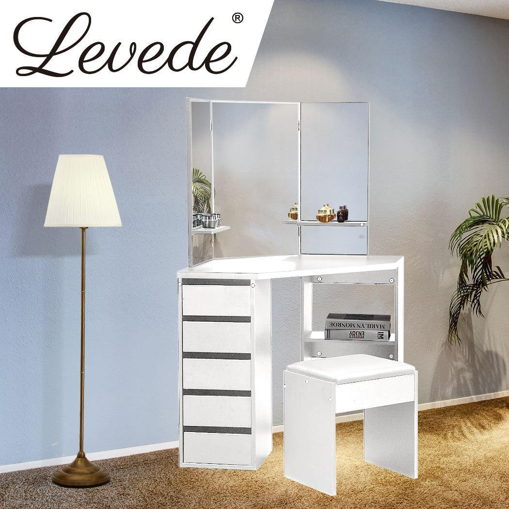 Levede Dressing Table Stool Mirror Jewellery Organiser Makeup Cabinet 5 Drawers White Deals499