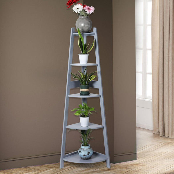 Levede 5 Tier Corner Shelf Wooden Storage Home Display Rack Plant Stand Grey Deals499