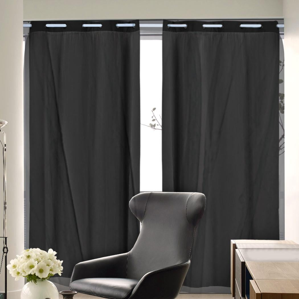 2x Blockout Curtains Panels 3 Layers with Gauze Room Darkening 140x230cm Black Deals499