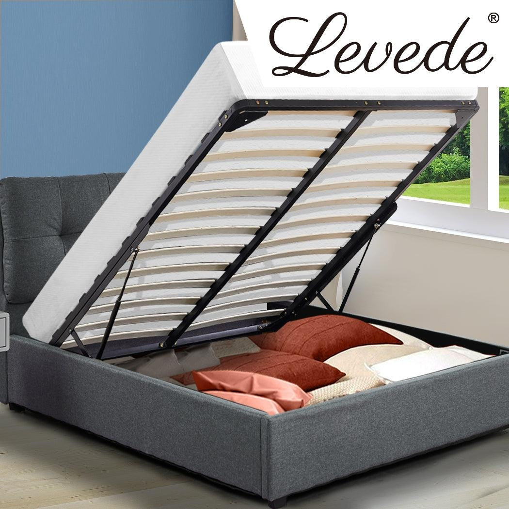 Levede Bed Frame Queen Size Gas Lift Base Storage Wooden Platform Linen Cotton Deals499