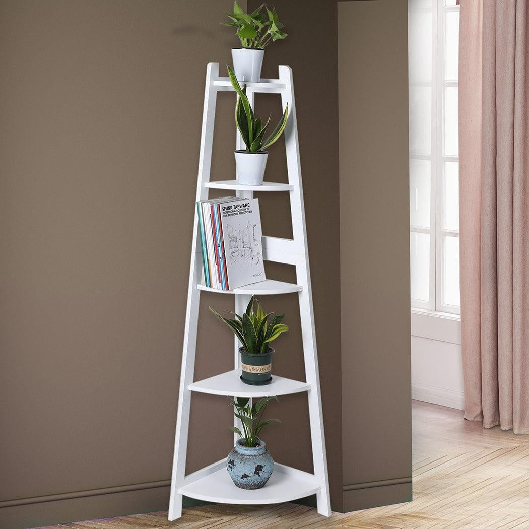 Levede 5 Tier Corner Shelf Wooden Storage Home Display Rack Plant Stand White Deals499