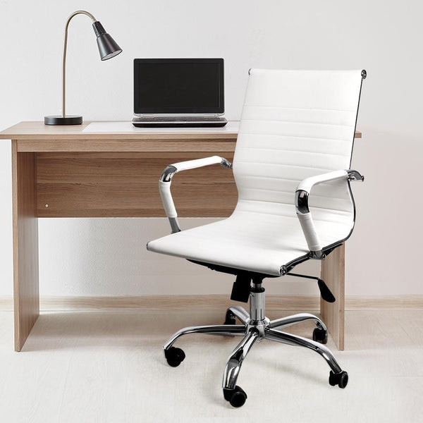 Office Chair Home Work Study Gaming Chairs PU Mat Seat Mid-Back Computer White Deals499