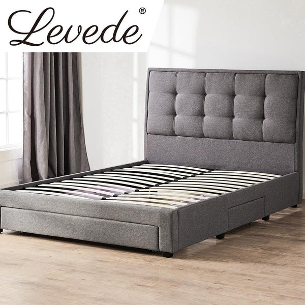 Levede Storage Bed Frame Queen Size Base with Three Drawers Linen Cotton Grey Deals499