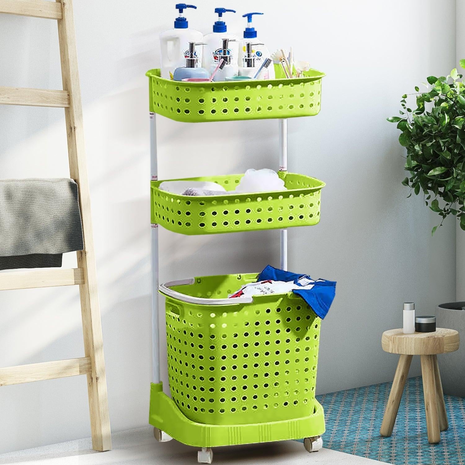 3 Tier Bathroom Laundry Clothes Baskets Bin Hamper Mobile Rack Removable Shelf Deals499