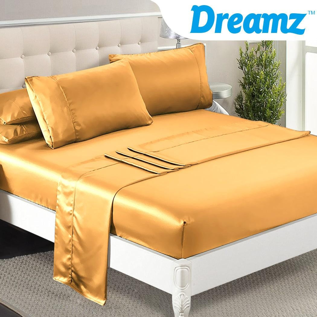 DreamZ Ultra Soft Silky Satin Bed Sheet Set in Double Size in Gold Colour Deals499